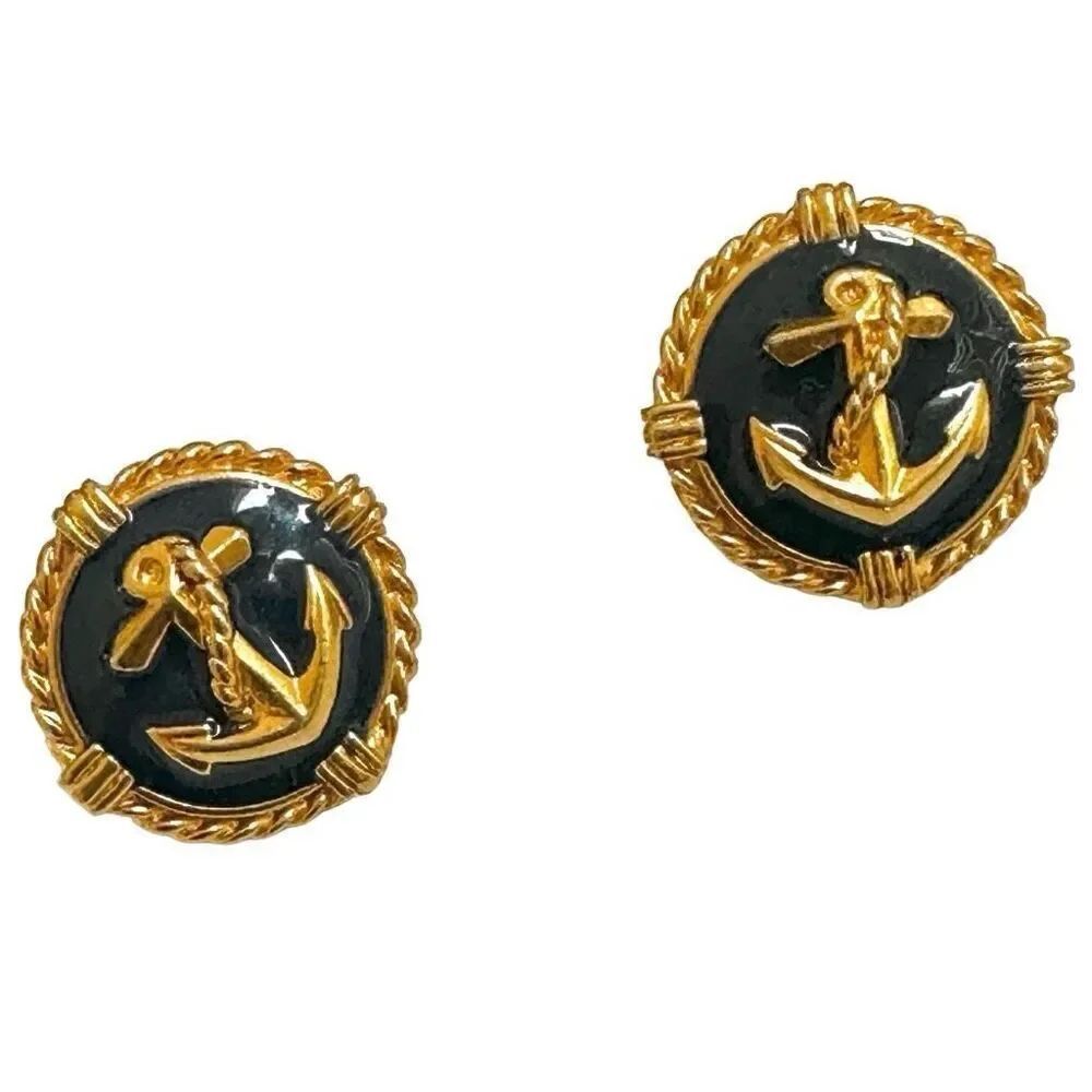 Vintage Navy Sailor Sweetheart Earrings Goldtone with Enamel Inlay